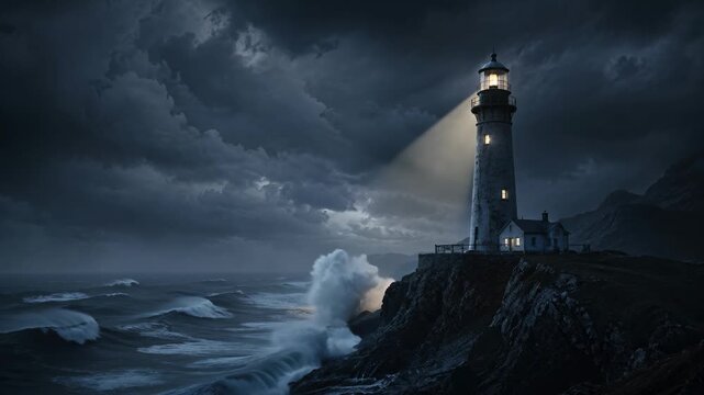 Lighthouse on rocky coast during stormy weather with powerful beacon shining over rough sea, maritime navigation and safety concept.