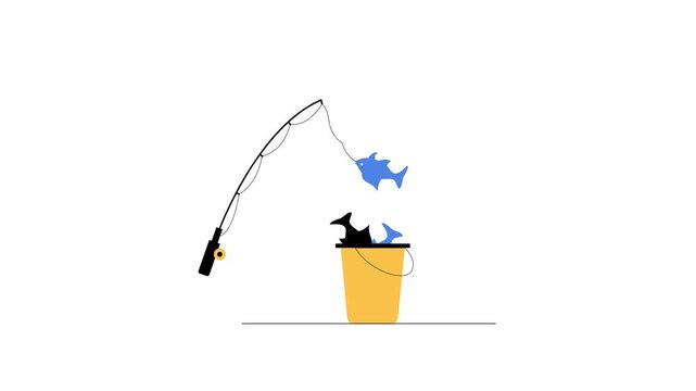 Vector illustration of a fishing rod catching fish in a bucket on white background animation 4k stock video