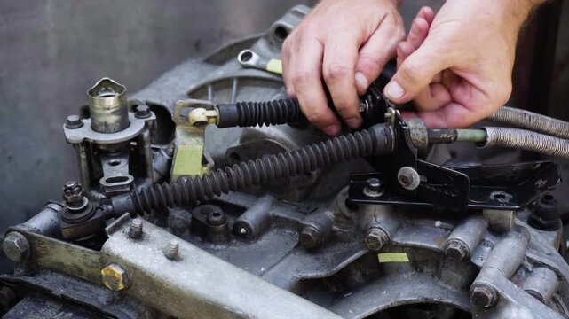 old gear shift box from a front-wheel drive car installing cables and shifting gears disassembly for repair
