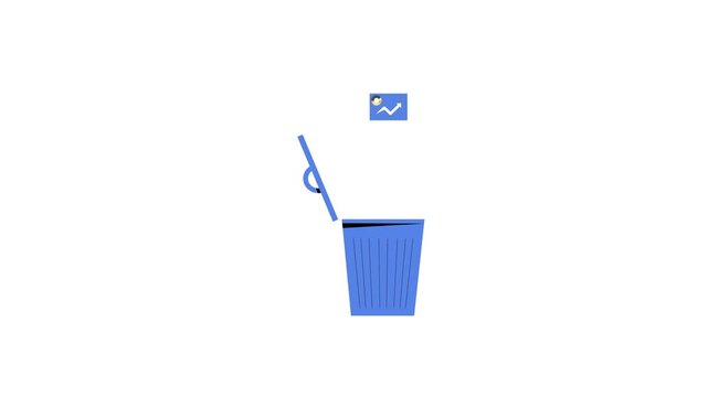 A blue trash can with a document being thrown away on a white background animation 4k stock video