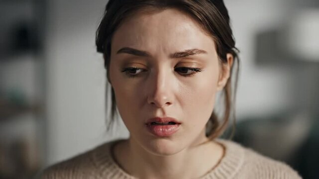 Woman showing an emotional expression of frustration, contemplation, and possible despair while staring blankly