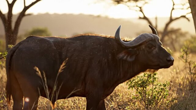 African buffalo grazing in golden sunlight with a beautiful nature background in the savanna environment