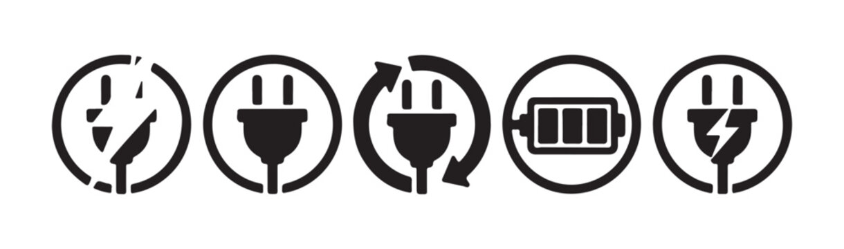 Collection of electrical plug icons and battery symbol with circular shapes for power management.