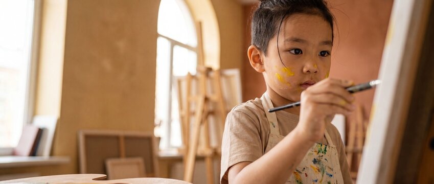 Asian boy painting on canvas in art studio classroom, focused young child painter with yellow paint on cheek holding paintbrush creating artwork, creative education and childhood hobby development.
