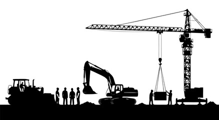 Construction workers operate heavy machinery with a crane and excavator vector illustration. © Emi