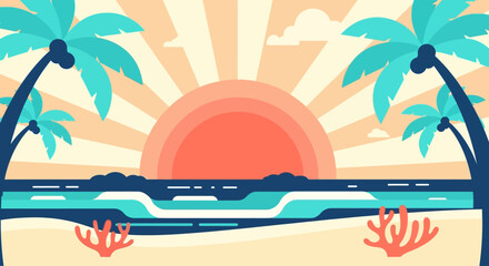 Minimalist tropical beach sunset illustration with palm trees and ocean waves in a retro flat design style for summer travel themes © Fendi