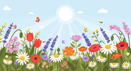 Vibrant Spring Meadow Landscape Featuring Colorful Wildflowers Blooming Under A Bright Sunny Sky With Flying Butterflies © Fendi