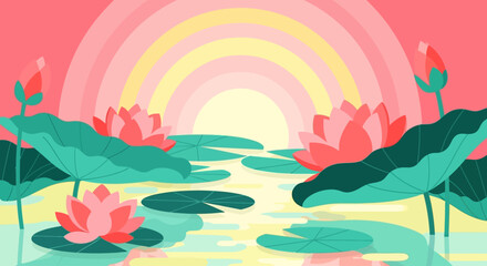Naklejka premium Vibrant rainbow appears over serene pond with lily pads and flowers