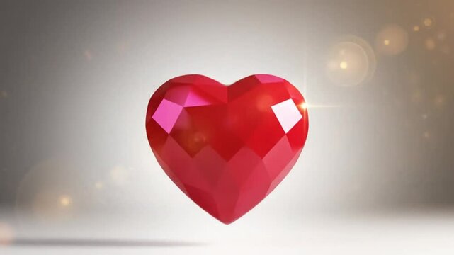 Shimmering faceted red heart levitating against a soft gradient background with glowing particles