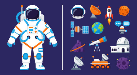 Astronaut standing next to various space equipment and celestial objects on a dark blue background with orange accents. © Fendi