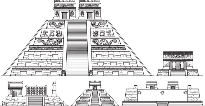 Ancient Mesoamerican pyramid and temple architectural set in black and white line art vector illustration style
