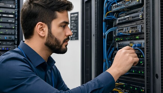 Professional IT support specialist checking cables and servers in a clean office server room