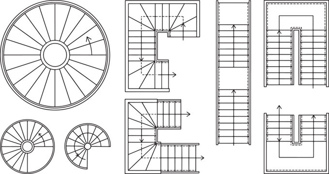 Architectural floor plan set of various staircase designs including spiral and straight stairs in vector line art