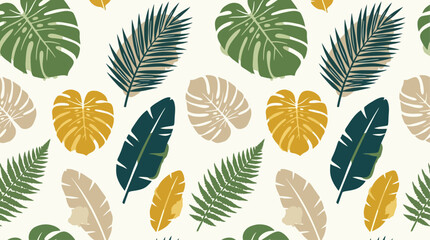 Fototapeta premium Various tropical leaves are scattered on a surface in a natural setting with green, yellow, and brown foliage.