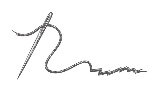 Hand drawn needle and thread creating a zigzag line sewing stitch