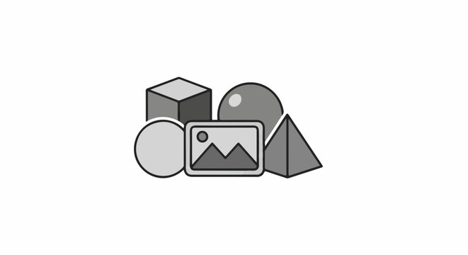 Various simple geometric shapes, including a cube, sphere, pyramid, circle, and a picture frame