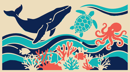 Vibrant sea creatures swim amidst coral reef in ocean waves. © Fendi