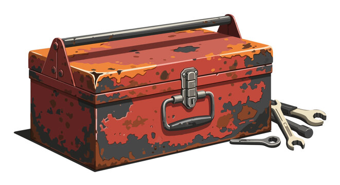 A rusty old red toolbox sits on a surface with various tools scattered around it.