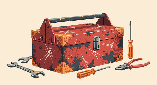 A rusty old toolbox with various tools scattered around it on a workshop floor.