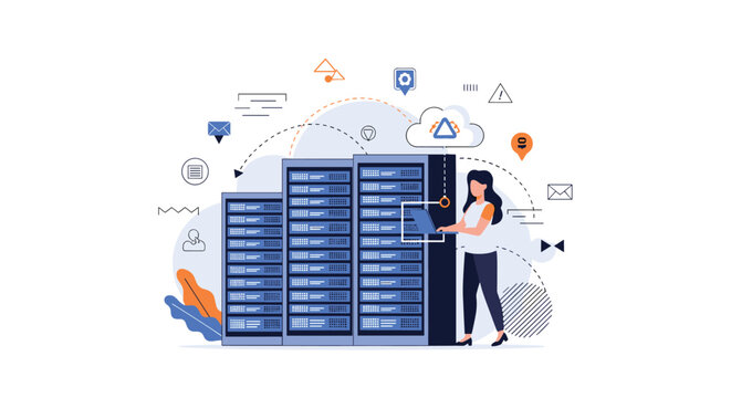 Technical specialist works on her laptop in a modern data center server room surrounded by cloud computing icons.