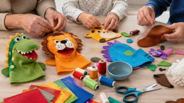 Family workshop activity making colorful animal hand puppets together using felt fabric and thread, creating joyful and creative moments