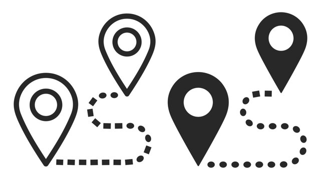 Set of location pin icons with dotted and dashed routes symbolizing navigation and travel paths on transparent background