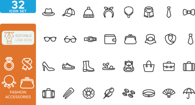 Fashion accessories line editable Icons set. Vector illustration. Contain icons related to fashion, accessory, beauty, necklace, jewellery, earring, goggles, watch, belt, bag, and more. on white backg