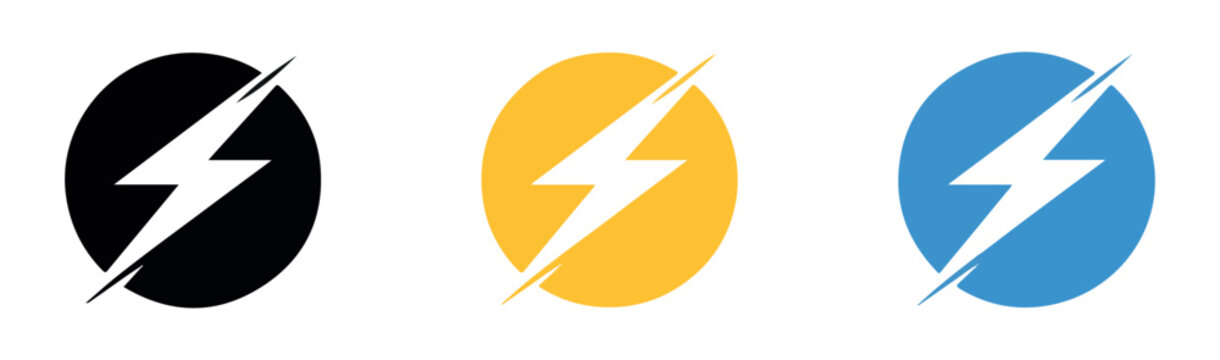 Lightning bolt circle icons with colorful round backgrounds in blue yellow and black silhouettes.