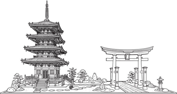 Japanese pagoda and torii gate with zen garden landscape, hand drawn black and white vector illustration
