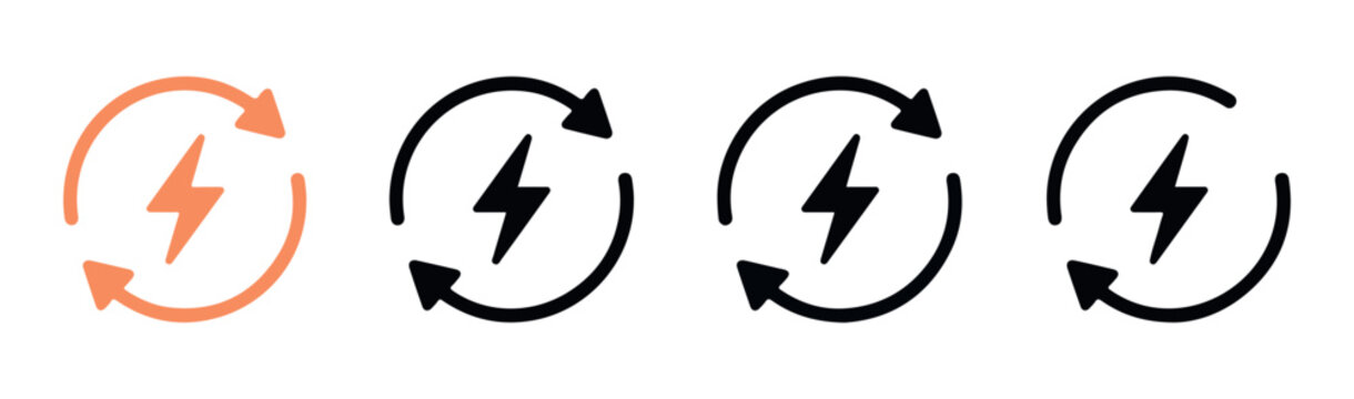 Green energy recycle icons with lightning bolt and circular arrows for sustainable power concepts.