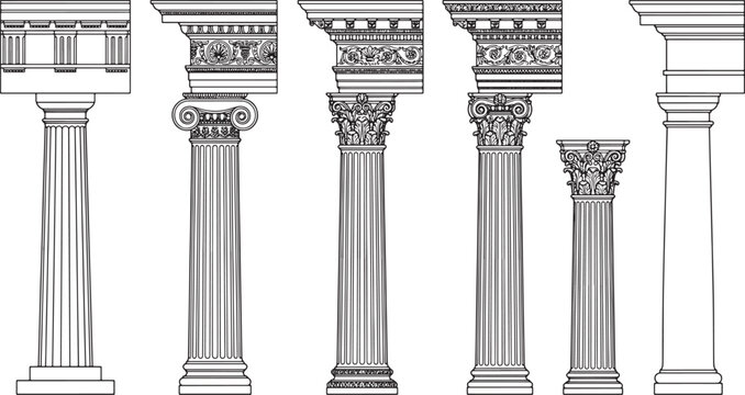 Set of classical architectural columns with ornate capitals and entablature in black and white line art style