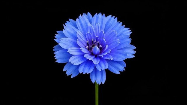 A vibrant blue cornflower isolated against a deep black background