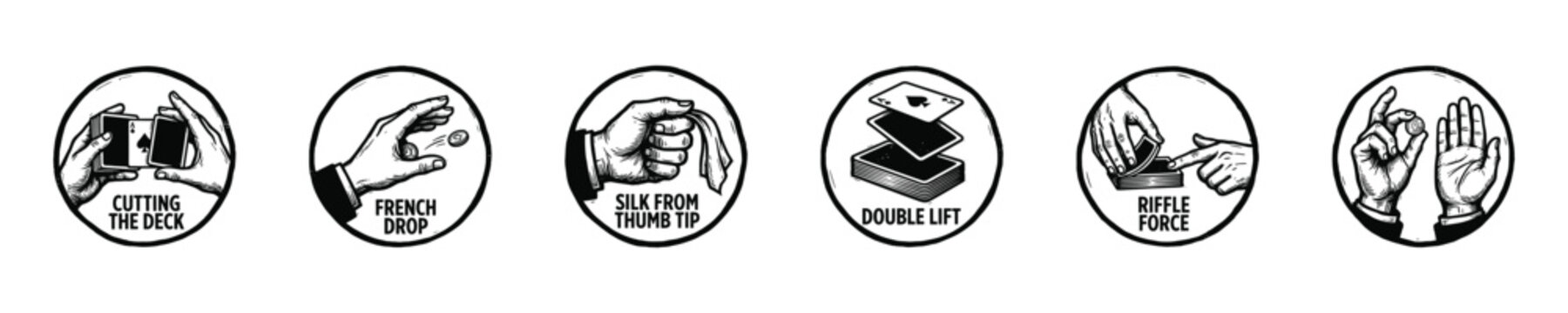 Illustrations of classic card magic tricks and sleight of hand techniques