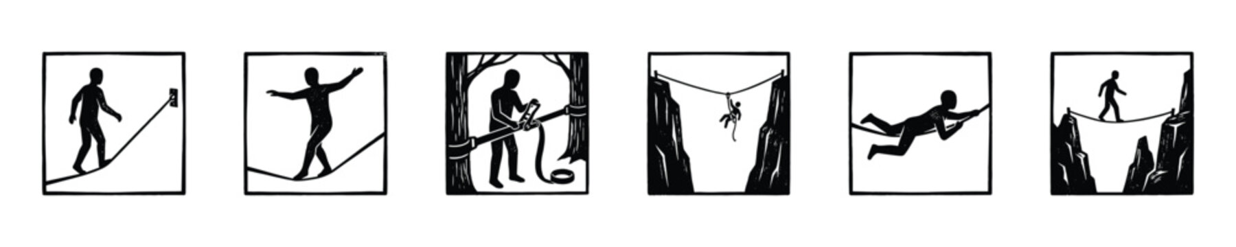 Diverse illustrations of people engaged in slacklining and highlining activities