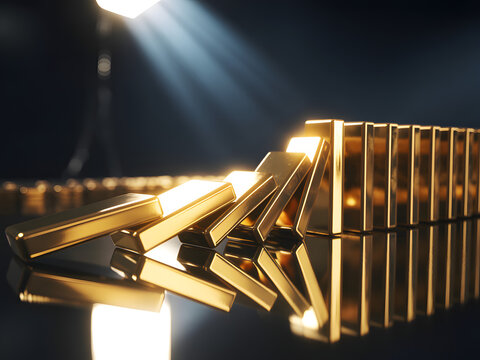 Golden dominoes falling with dramatic spotlight representing financial crisis risk and business chain reaction