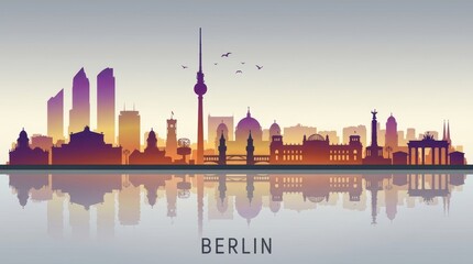 Fototapeta premium Silhouette of the Berlin city skyline, featuring iconic architectural landmarks forming a distinctive urban outline. A refined cityscape composition with a calm atmosphere.