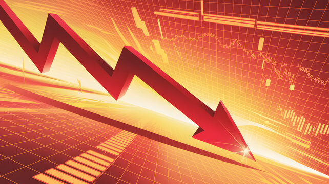 Red downward arrow on financial graph during economic recession with bright orange lighting and grid pattern