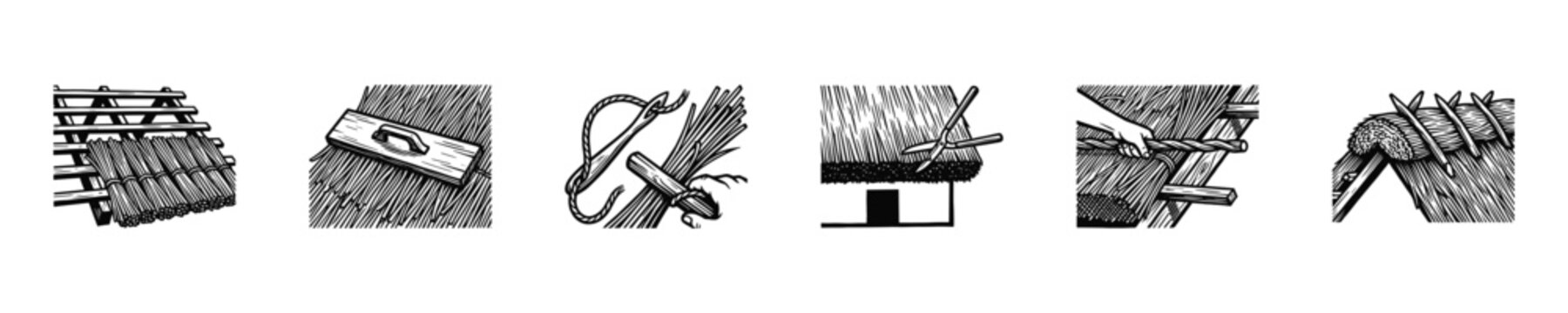 Illustrations depicting the traditional construction of thatched roofs and related tools