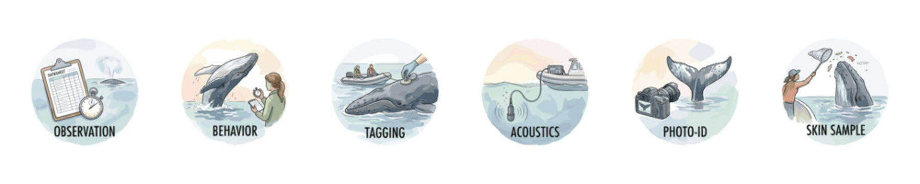 Marine mammal research methods illustrated with icons of observation, behavior, and tagging