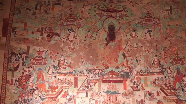 The mural art of the Mogao Grottoes in Dunhuang, China: Ancient Eastern art. Ancient Chinese murals, a sister piece to the Dunhuang murals, the Yulin Grottoes, Buddhist mural art.