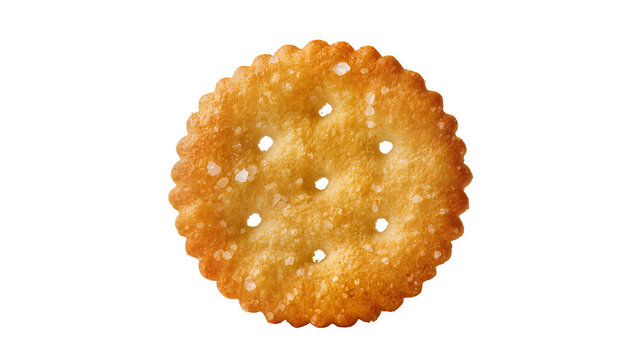 Isolated golden brown salty round cracker with perforated holes, delicious savory snack