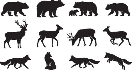 Fototapeta premium Set of wild animal silhouettes including bears deer and foxes in various poses as vector graphic elements