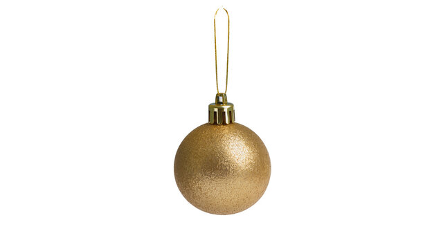 Isolated classic shimmering golden Christmas bauble decoration with an elegant gold string