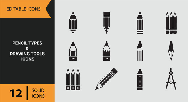 Pencil Types and Drawing Tools Solid Icons for Sketching and Illustration