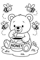 Cute Teddy Bear Eating Honey Coloring Page for Kids - Kawaii Bear with Honey Pot and Buzzing Bees Vector Illustration