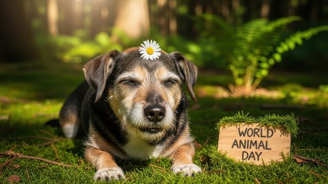 Peaceful mixed breed dog with daisy, eyes closed, on green moss in warm forest light, World Wallpaper Background image