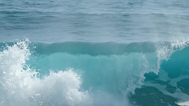 A powerful ocean wave curls and breaks in the deep blue sea