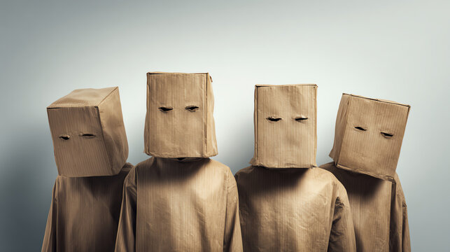 A group of four figures with paper bags over their heads, standing in a minimalist space, exploring themes of anonymity and identity.