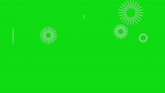Minimalist white line art fireworks animation on green screen background for video editing simple geometric firework bursts and vertical lines popping up in a clean motion graphics style