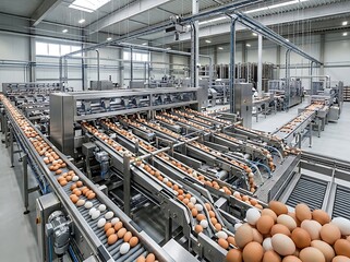 Fototapeta premium Industrial egg production factory conveyor belt.